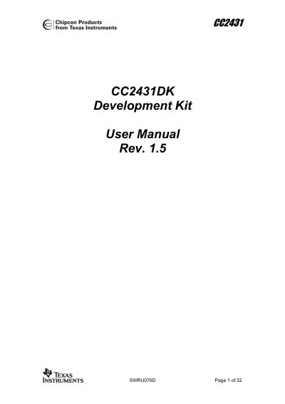 Texas Instruments CC2431DK Development Kit User Manual - cover page