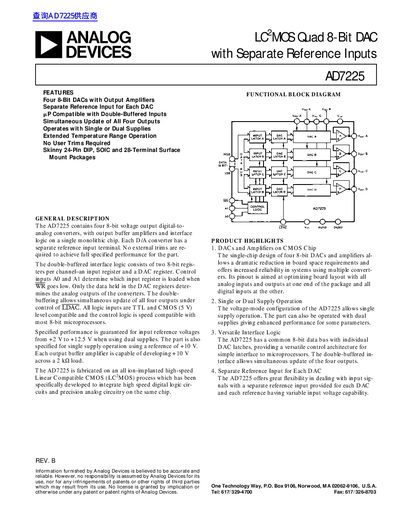 Analog Devices AD7225 Quad 8-Bit DAC Datasheet - cover page