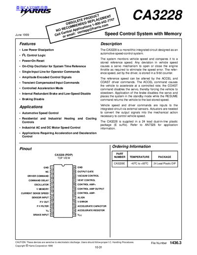 Harris CA3228 Speed Control System Datasheet - cover page