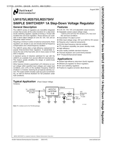 National Semiconductor LM1575/LM2575/LM2575HV Step-Down Voltage Regulator Datasheet - cover page