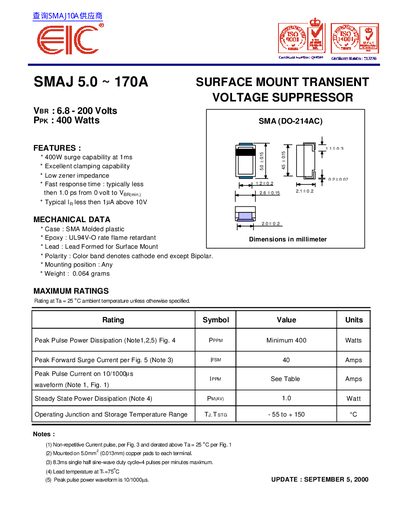 EIC SMAJ 5.0 ~ 170A SURFACE MOUNT TRANSIENT VOLTAGE SUPPRESSOR VBR : 6.8 - 200 Volts PPK : 400 Watts - cover page