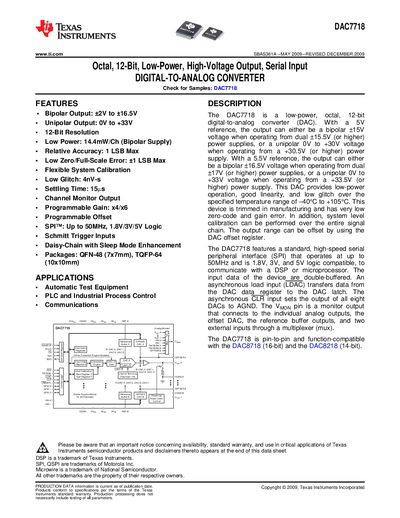 Texas Instruments DAC7718 Digital-to-Analog Converter Datasheet - cover page
