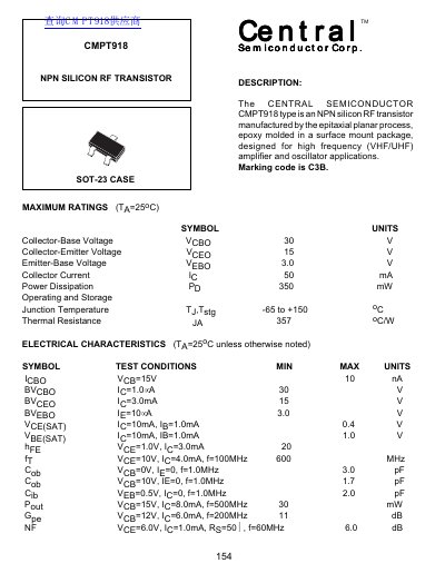 Central Semiconductor CMPT918 NPN Silicon RF Transistor Datasheet - cover page