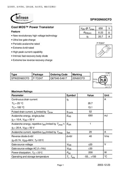 Infineon SPW20N60CFD Power Transistor Datasheet - cover page