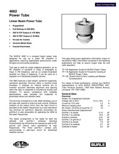 BURLE 4662 PowerTube Linear Beam Power Tube Datasheet - cover page