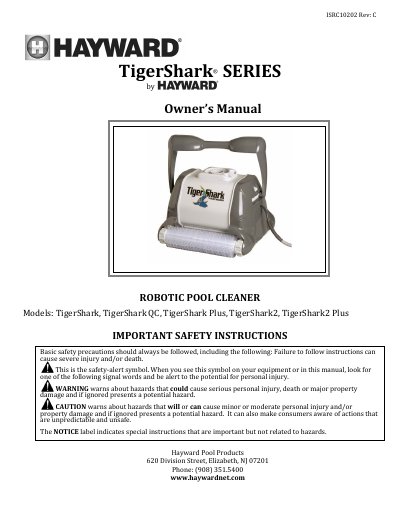 Hayward TigerShark Series Robotic Pool Cleaner Owner's Manual - cover page