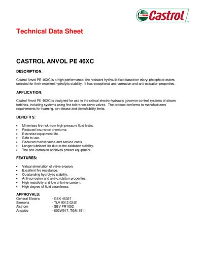 Castrol PE 46XC Hydraulic Fluid Data Sheet - cover page