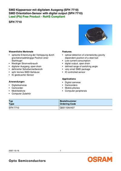 OSRAM SFH 7710 SMD Orientation Sensor Datasheet - cover page