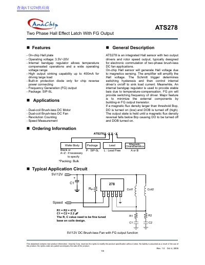Anachip ATS278 Two Phase Hall Effect Latch Datasheet - cover page