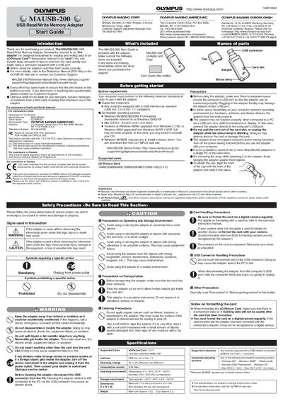 Olympus MAUSB-200 USB Read/Write Memory Adapter Start Guide - cover page