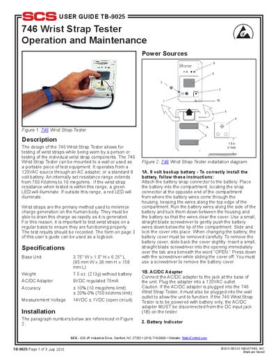 StaticControl 746 Wrist Strap Tester User Manual - cover page