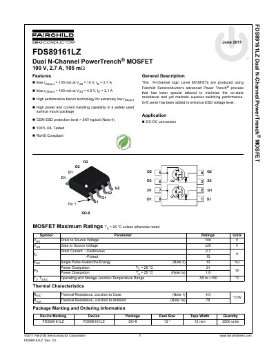 Fairchild FDS89161LZ Dual N-Channel PowerTrench MOSFET Datasheet - cover page
