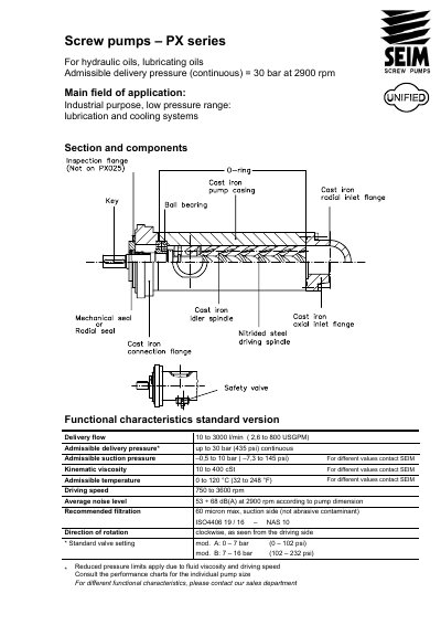 Seim PX Series Screw Pumps Technical Data Sheet - cover page