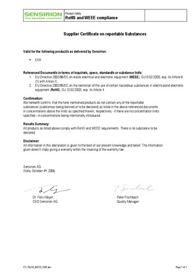 SENSIRION Product Safety RoHS WEEE compliance C1 RoHS_WEEE_EM1.doc Page 1 of 1 Supplier Certificate on reportable Substances - cover page
