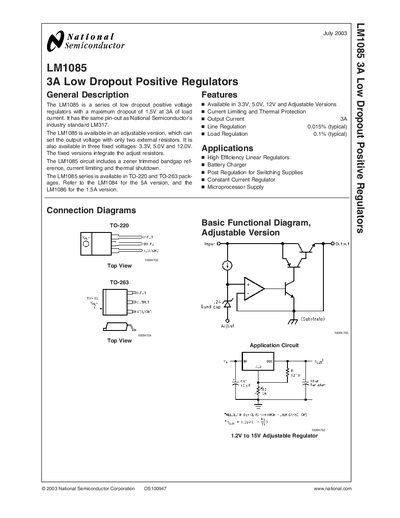 National Semiconductor LM1085 3A Low Dropout Positive Regulator Datasheet - cover page