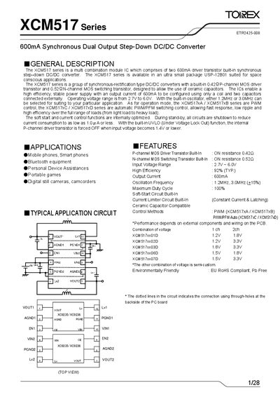 Torex XCM517 Series 600mA Synchronous Dual Output Step-Down DC/DC Converter Datasheet - cover page