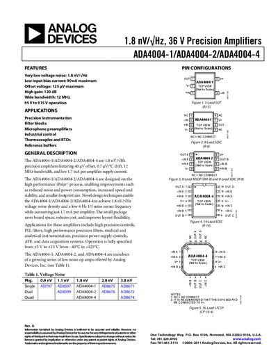 Analog Devices ADA4004-1/ADA4004-2/ADA4004-4 Datasheet