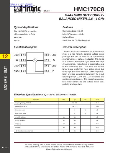 Hittite HMC170C8 GaAs MMIC SMT Double-Balanced Mixer Datasheet - cover page