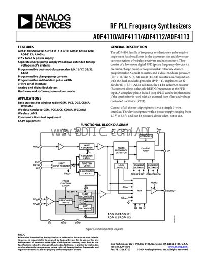 Analog Devices ADF4110‑ADF4113 RF PLL Frequency Synthesizers Datasheet - cover page