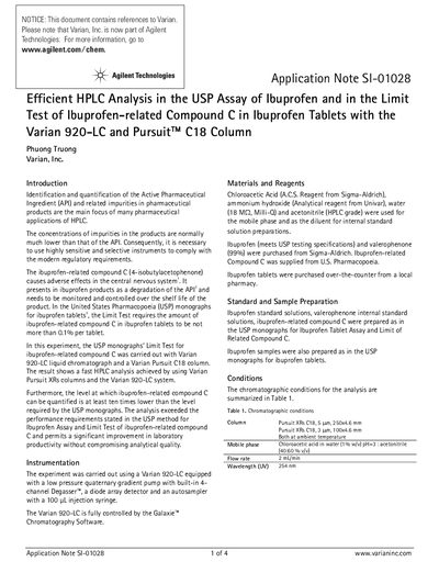 Agilent Efficient HPLC Analysis in the USP Assay of Ibuprofen in the Limit Test of Ibuprofen-related Compound C in Ibuprofen Tablets with the 920-LC Pursuit C18 Column - cover page