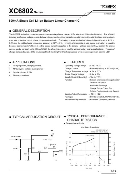 Torex XC6802 Series 800mA Single Cell Li-ion Battery Linear Charger IC Datasheet - cover page
