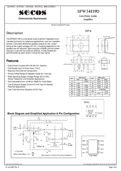 Secos SPW34119D Low Power Audio Amplifier Datasheet - cover page