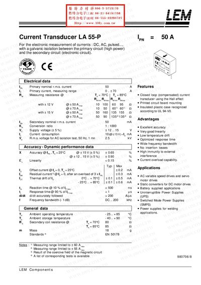 LEM LA55-P Current Transducer User Manual - cover page