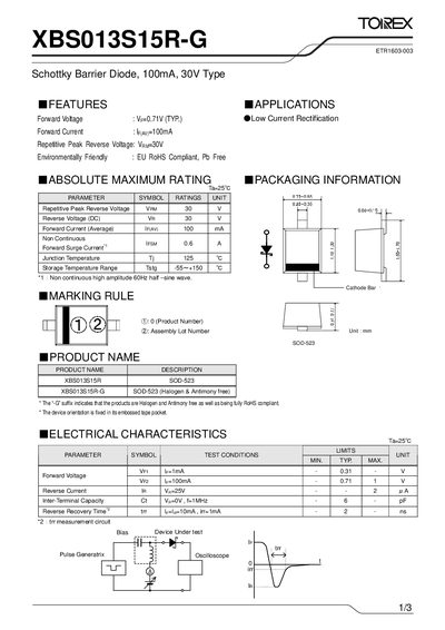 Torex XBS013S15R-G Schottky Barrier Diode Datasheet - cover page