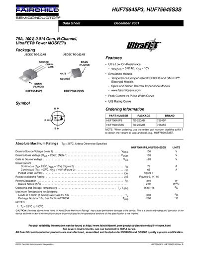 Fairchild Semiconductor HUF75645P3/HUF75645S3S N-Channel UltraFET Power MOSFET Data Sheet - cover page