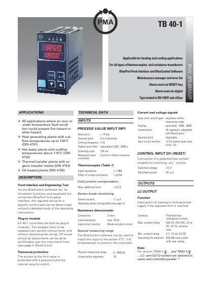 PMA TB 40-1 Temperature Limiter Operating Manual - cover page