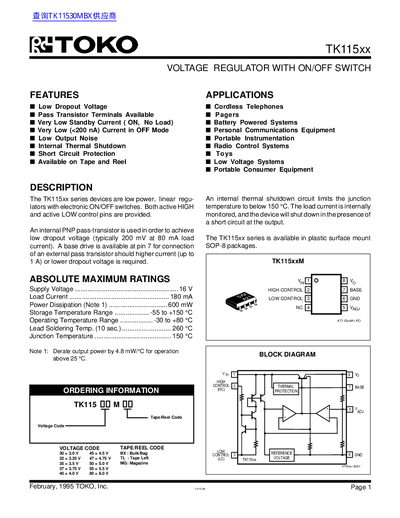 TOKO TK115xx Voltage Regulator Datasheet - cover page