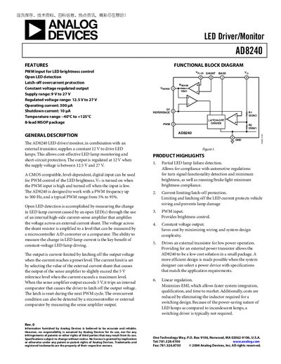 Analog Devices AD8240 LED Driver/Monitor Datasheet