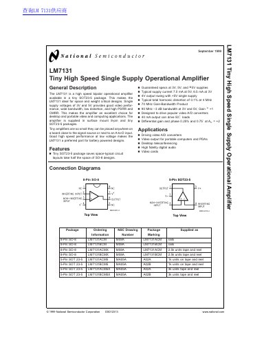 National Semiconductor LM7131 Tiny High Speed Single Supply Operational Amplifier Datasheet - cover page