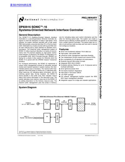 National Semiconductor DP83916 SONIC-16 Systems-Oriented Network Interface Controller Datasheet - cover page