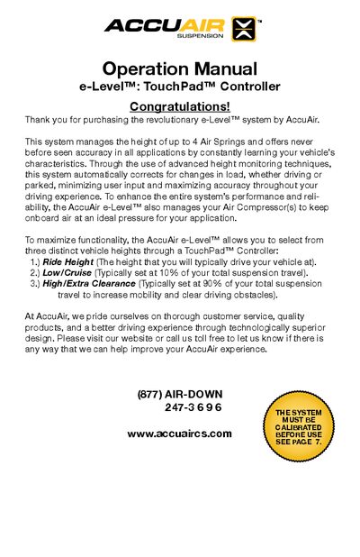 AccuAir TouchPad™ Controller Operation Manual cover