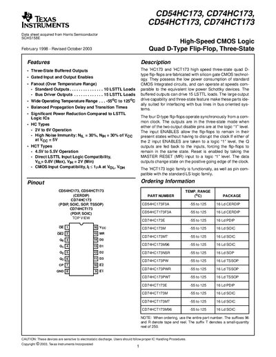 Texas Instruments CD54HC173 CD74HC173 CD54HCT173 CD74HCT173 Datasheet - cover page