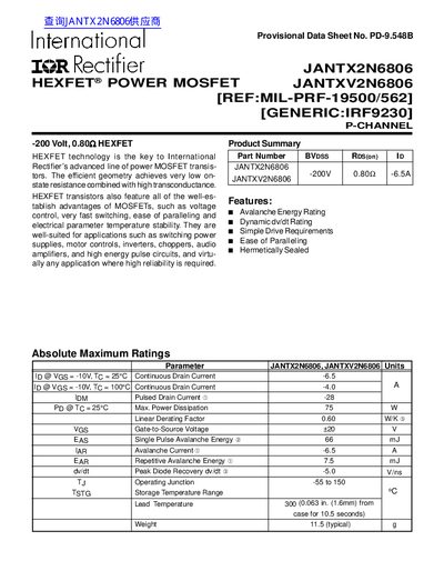 international IOR rectifier JANTX2N6806 JANTXV2N6806 [REF:MIL-PRF-19500/562] [GENERIC:IRF9230] handbook - cover page