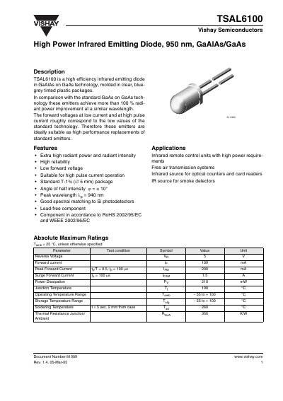 Vishay TSAL6100 High Power Infrared Emitting Diode Datasheet - cover page