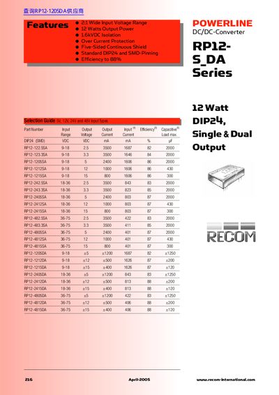 RECOM RP12- S_DA Series 12W DIP24 DC/DC Converter Datasheet - cover page