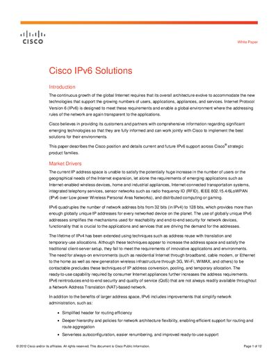 Cisco IPv6 Solutions White Paper - cover page