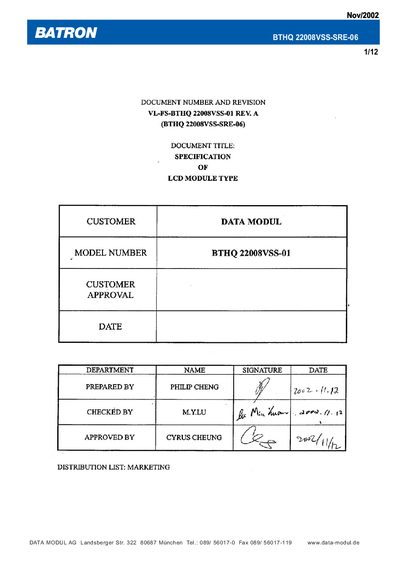 BATRON - BATRON BTHQ 22008VSS-SRE-06 Nov/2002 1/12 Manual - cover page