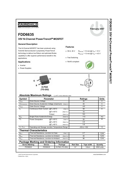 Fairchild Semiconductor FDD6635 35V N-Channel PowerTrench MOSFET Datasheet - cover page