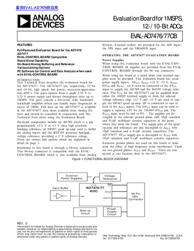 ANALOG DEVICES Evaluation Board for 1MSPS 12-/ 10-Bit ADCs EVAL-AD7476/77CB handbook - cover page
