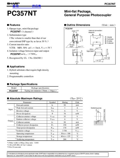 Sharp PC357NT Photocoupler Datasheet - cover page