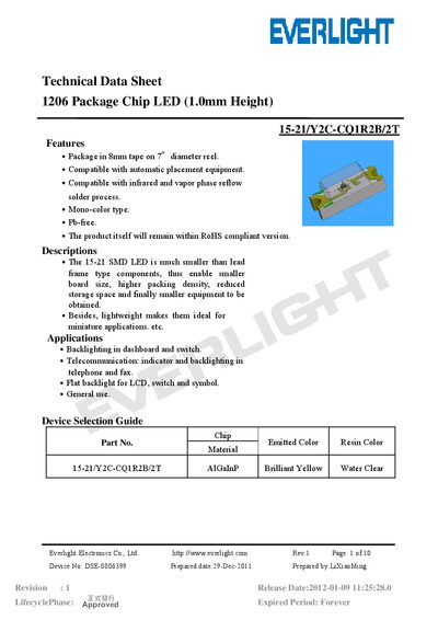 Everlight 15-21/Y2C-CQ1R2B/2T LED Datasheet - cover page