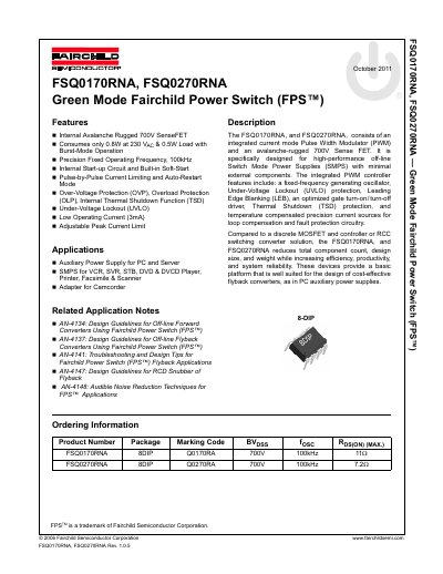 Fairchild FSQ0170RNA/FSQ0270RNA Power Switch Datasheet - cover page