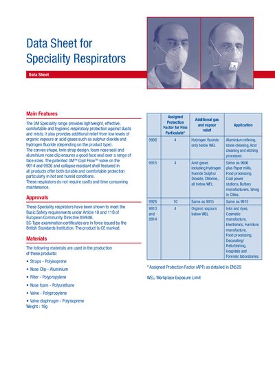 3M Speciality Respirators Data Sheet - cover page