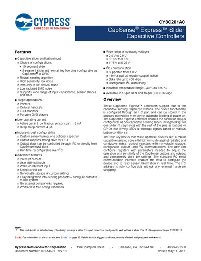 Cypress CY8C201A0 CapSense Express Slider Capacitive Controllers Data Sheet - cover page