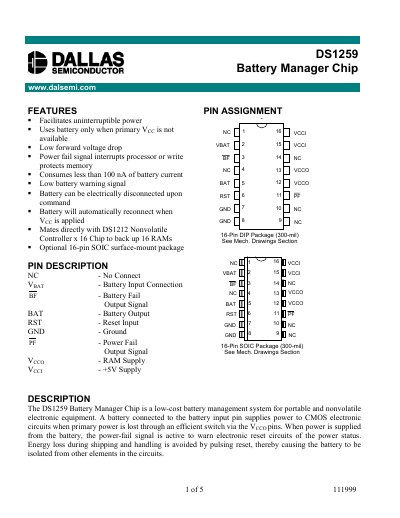 Dallas DS1259 Battery Manager Chip Datasheet - cover page