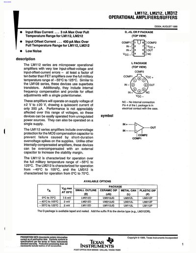 Texas Instruments LM112/LM212/LM312 Operational Amplifiers Datasheet - cover page